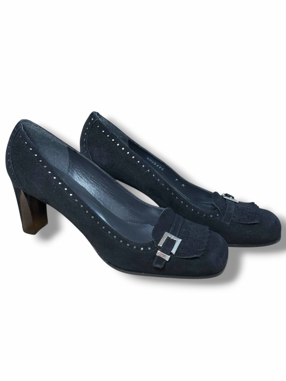 Stuart Weitzman Black Suede Kiltie Fringe Buckle Loafer Pumps 9N